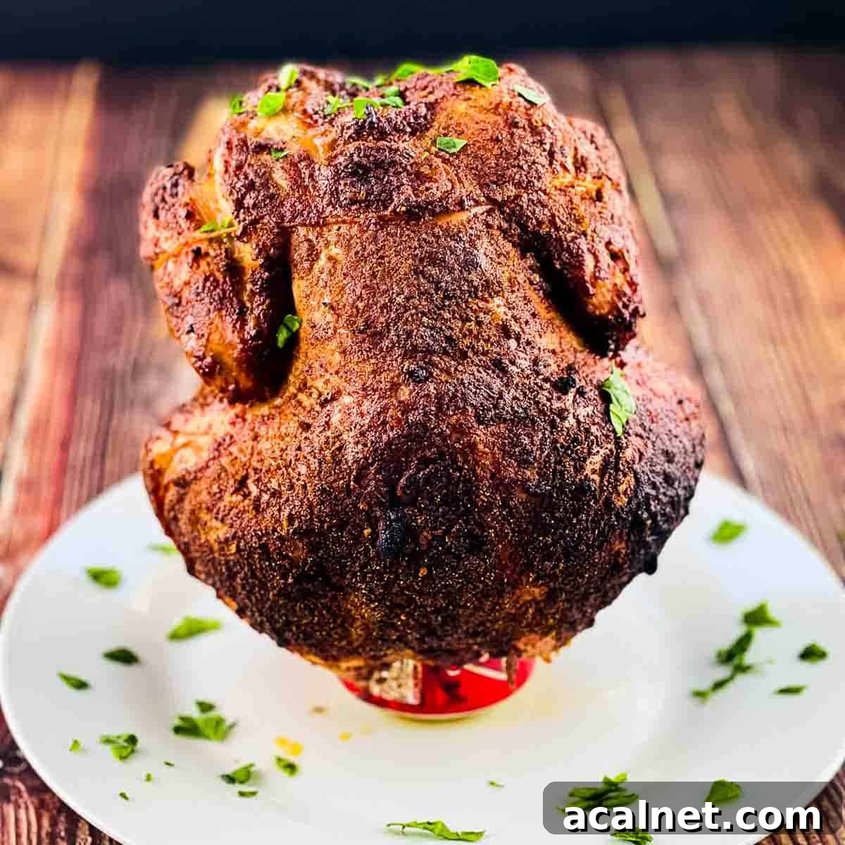 The smoked whole beer can chicken on a white serving plate.