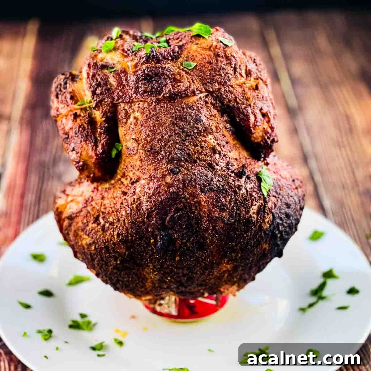 The smoked whole beer can chicken on a white serving plate.
