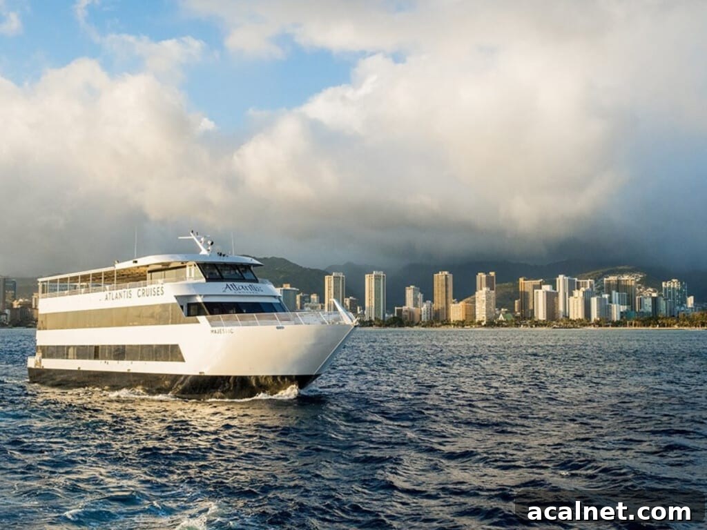 The Atlantis Cruise ship off the coast of Waikīkī Beach and Honolulu.