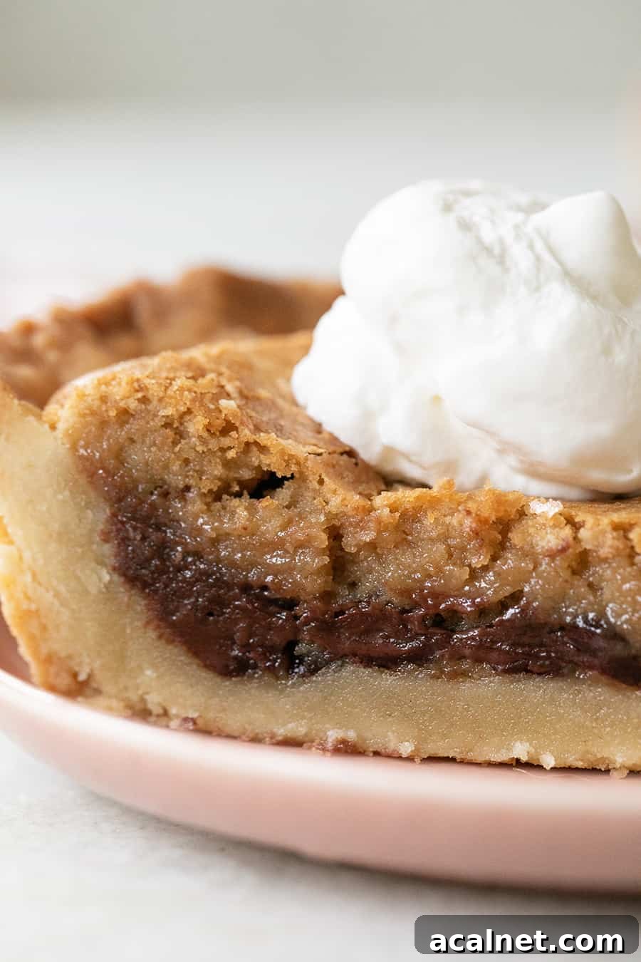 Slice of a gooey chocolate chip cookie pie with whipped cream.