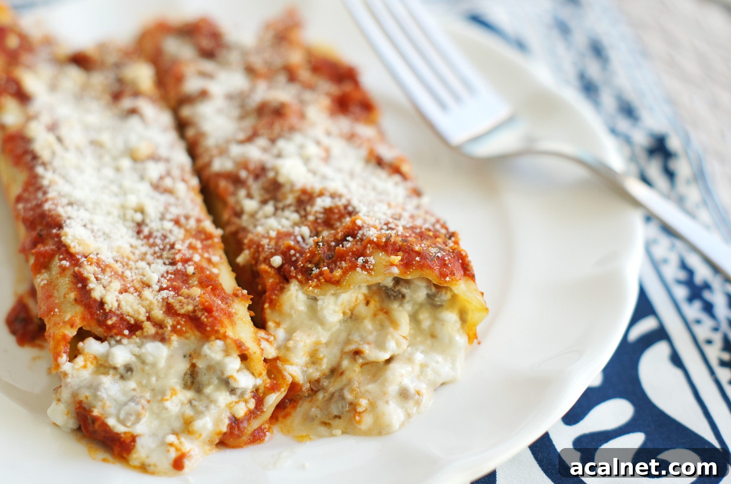 White plate with two pieces of manicotti on it.