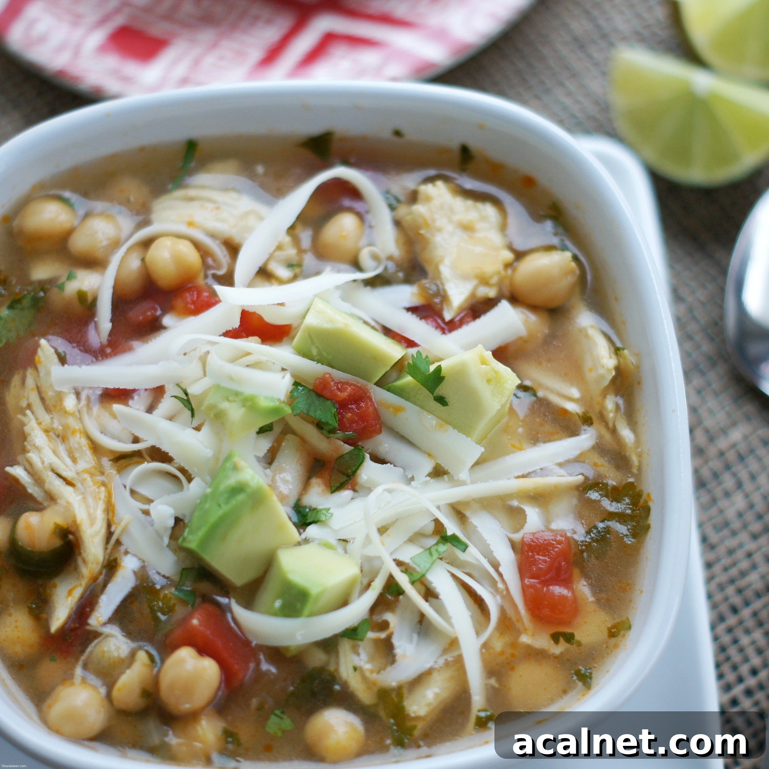 bowl of slow cooker chipotle chicken and chickpea soup