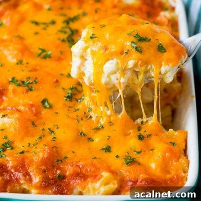 A spoon serving up a portion of cheesy potatoes topped with chopped parsley.