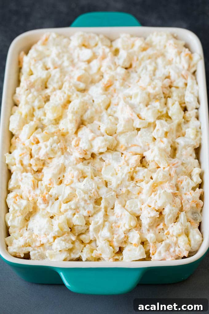 Creamy potatoes in a baking dish.