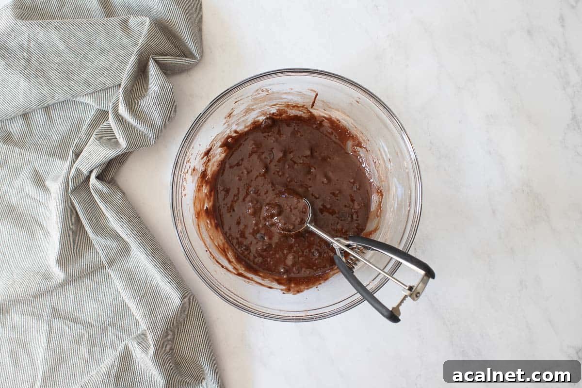 Wet chocolate cookie batter in bowl with cookie scoop.