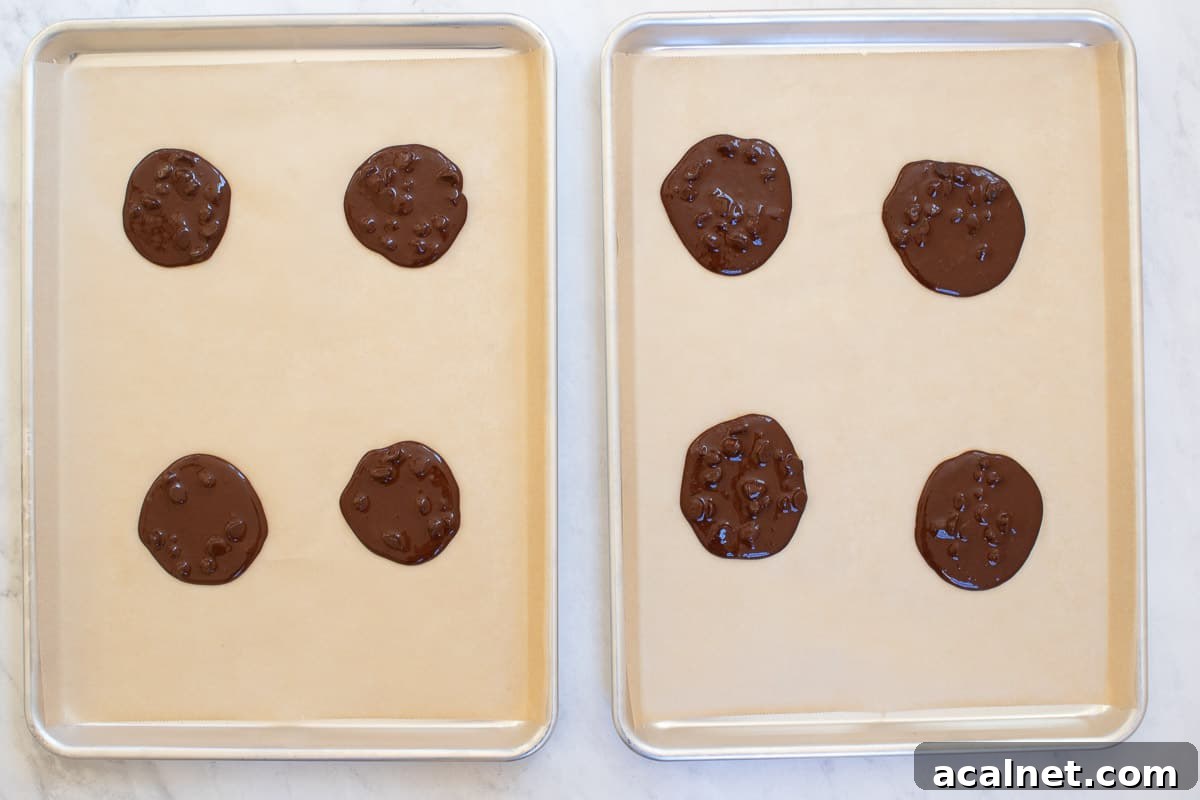 Flourless chocolate cookies on baking sheets, before being baked.