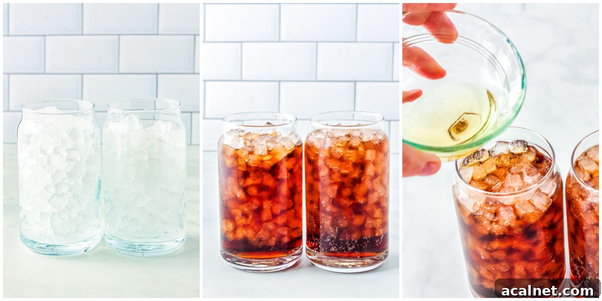 The ice, coke, and pineapple syrup added to glasses.