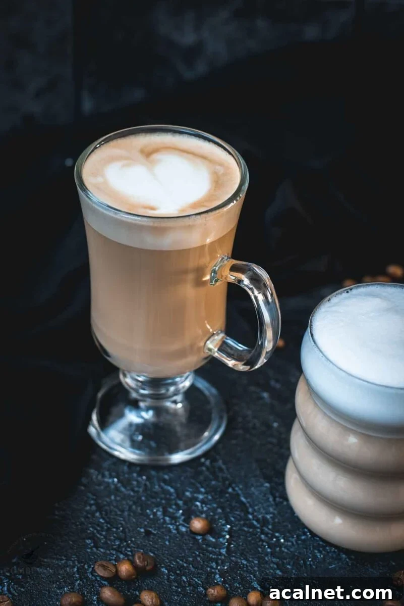 2 glasses filled with delicious vanilla latte. placed on dark ground. Left on has a latte art heart on top.