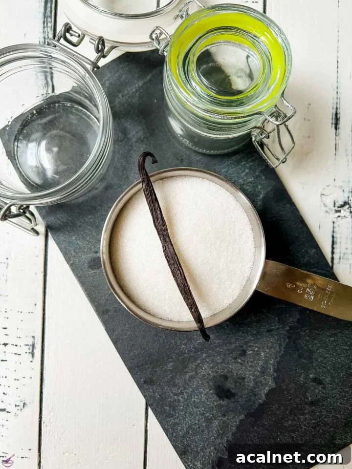 1 Cup sugar with vanilla bean on top.