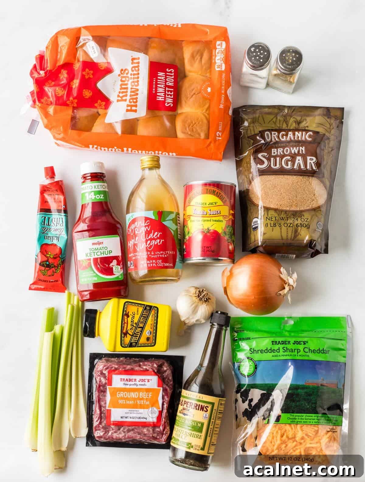 Ingredients laid out on a countertop to make sloppy joe sliders.