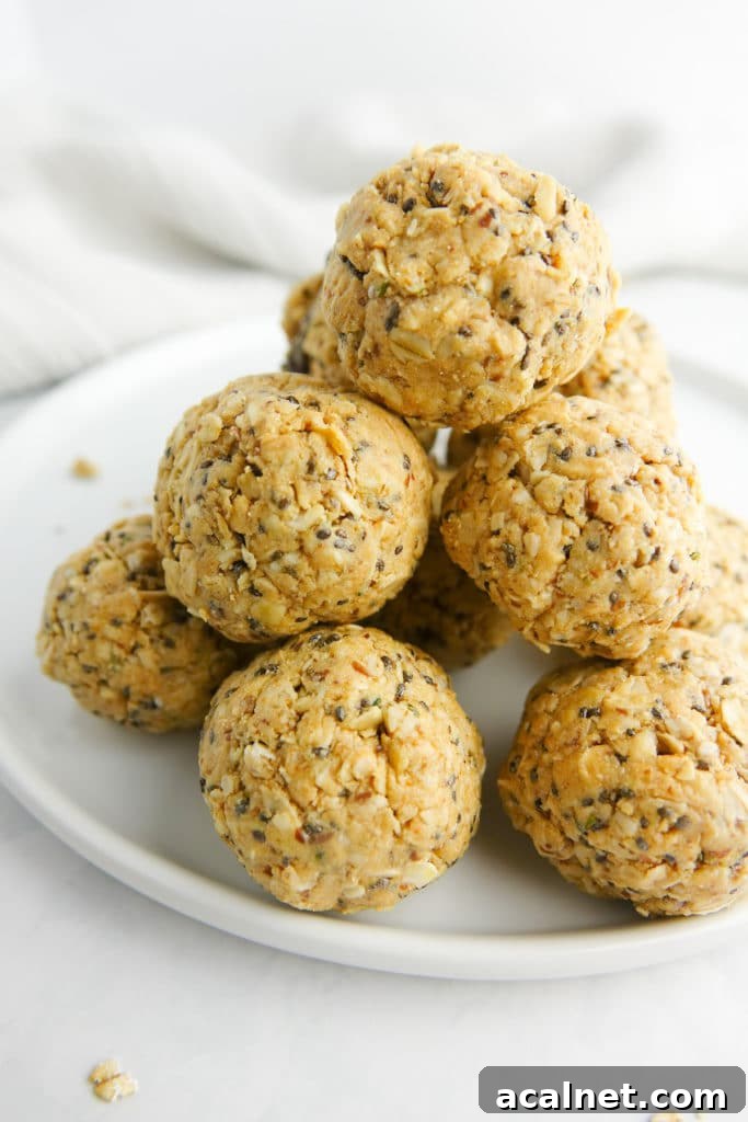 Peanut Butter Bliss Balls Recipe — No-Bake Snack Bites 2 Oatmeal and peanut butter energy balls piled on a white plate