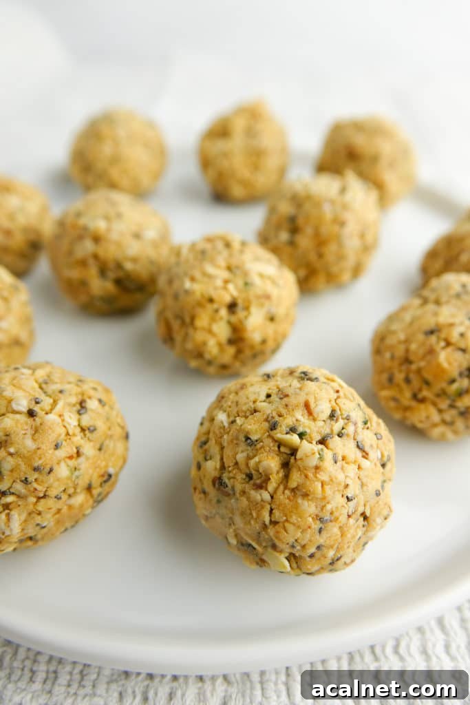 Peanut Butter Bliss Balls Recipe — No-Bake Snack Bites 4 Peanut butter bliss balls on white plate.