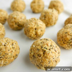 Peanut Butter Bliss Balls Recipe — No-Bake Snack Bites 5 Peanut butter bliss balls on white plate.