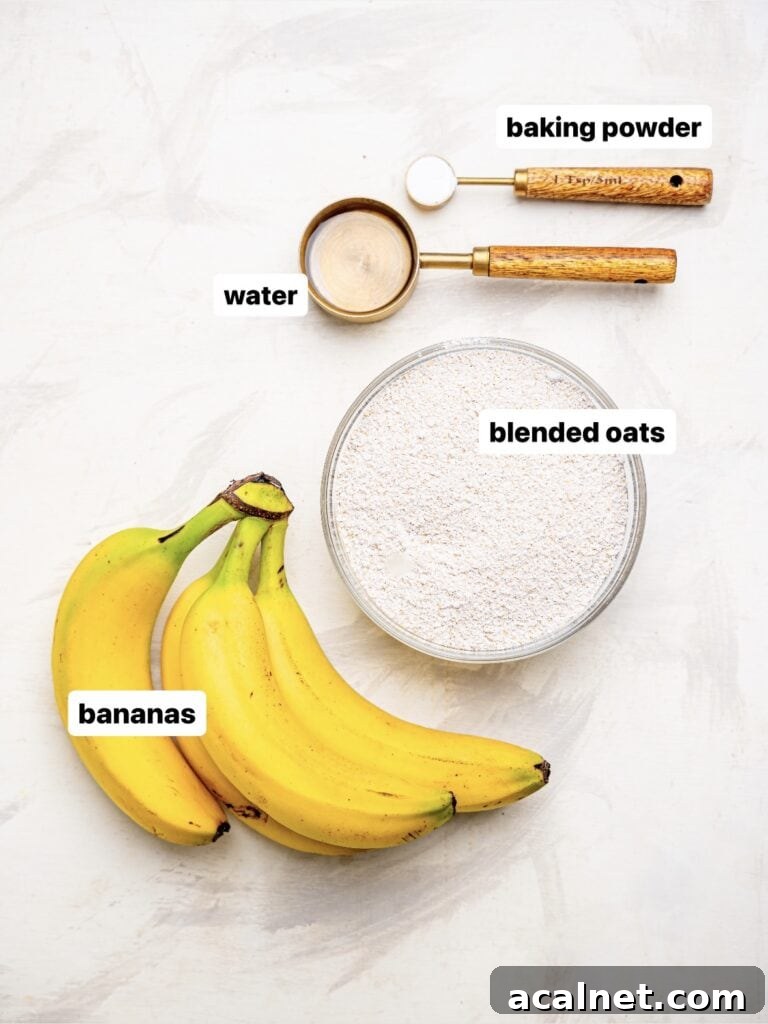 Ingredients for 3 ingredient banana oatmeal muffins.