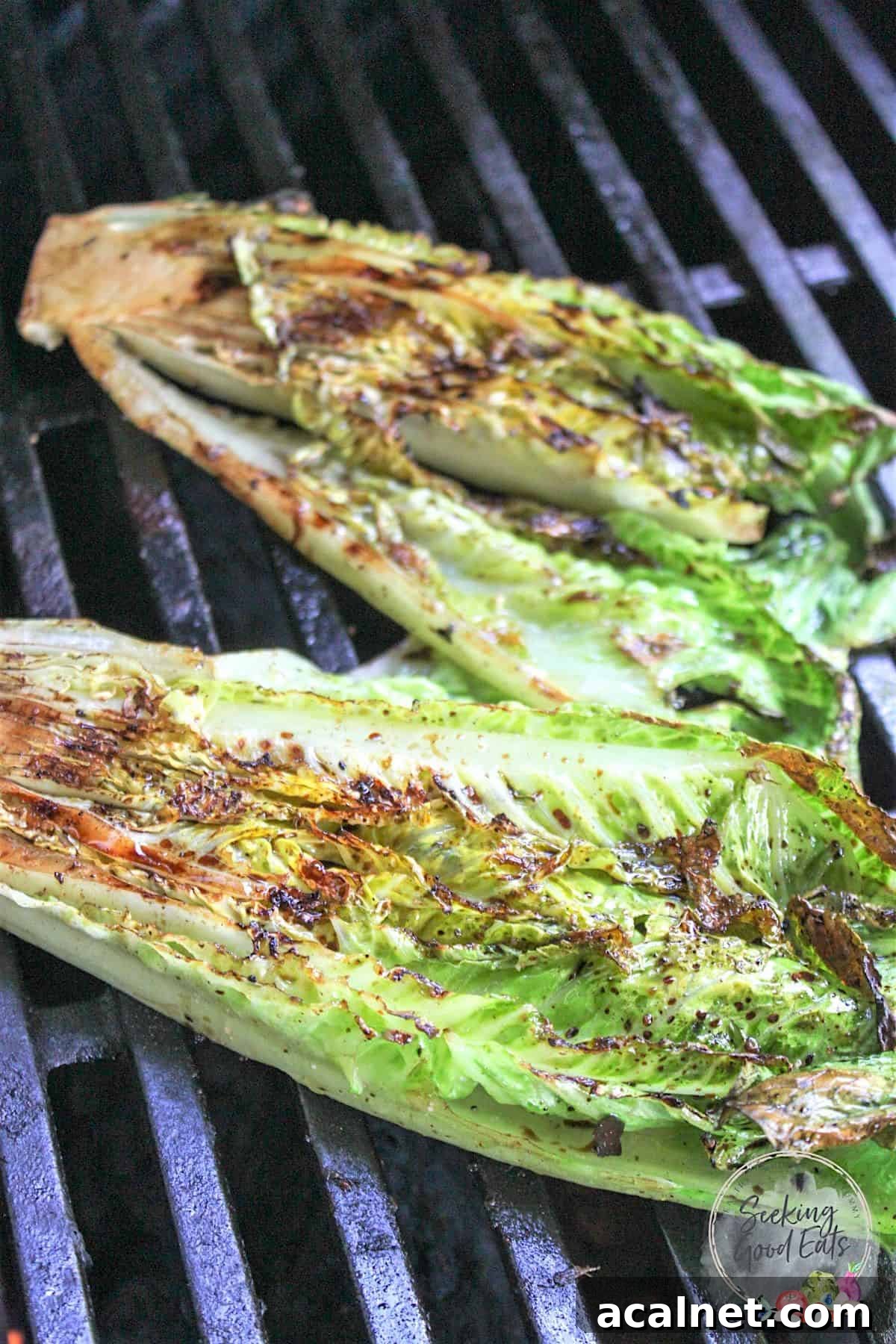 Grilling two halved romaine hearts on a gas grill.