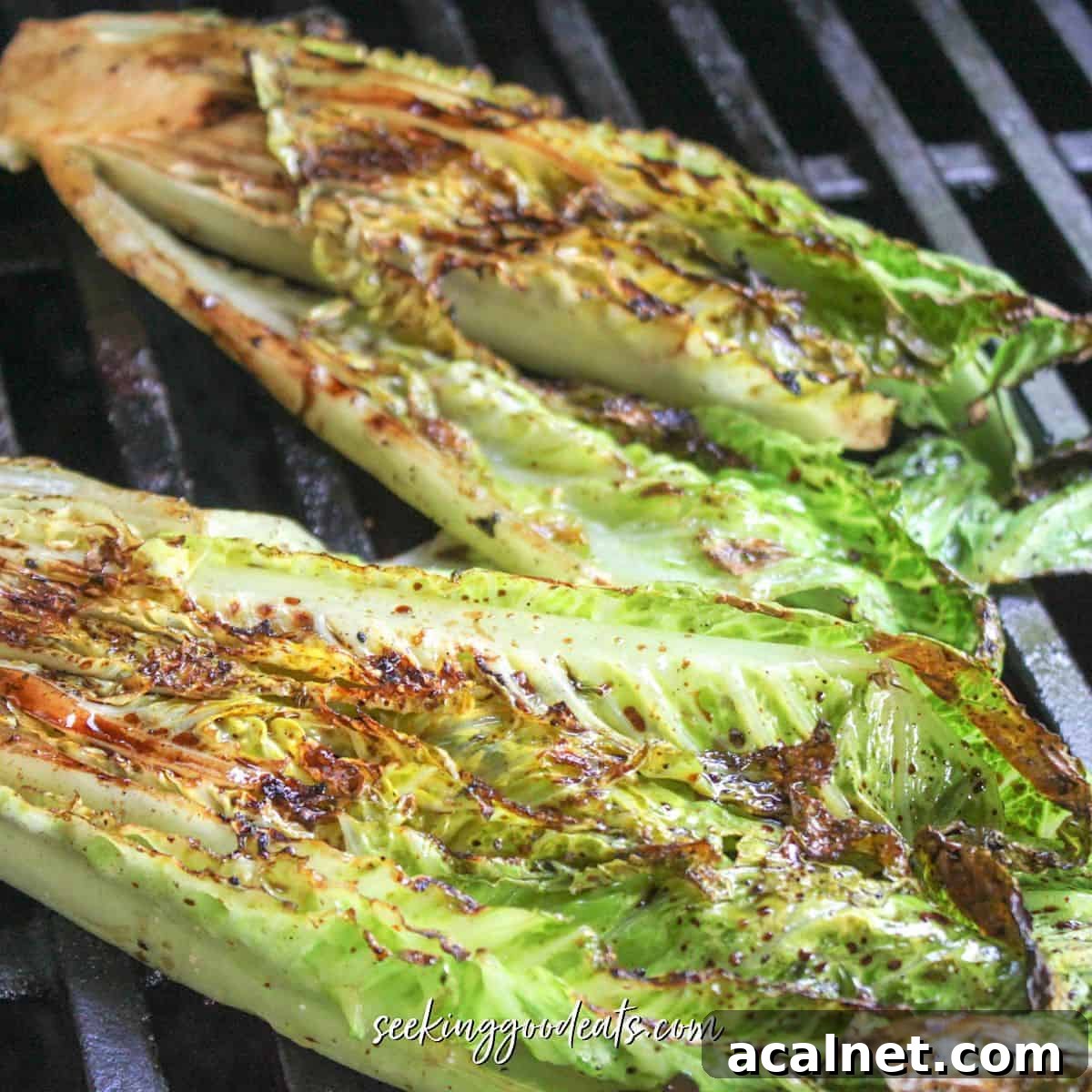 Grilling romaine lettuce on black grill grates.