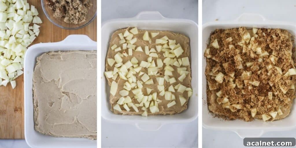 Three photos in a row illustrating how to make apple cinnamon coffee cake.  