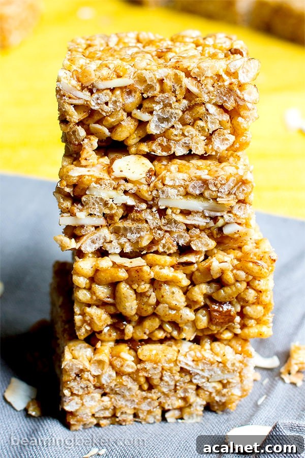 Toasted Coconut Almond Rice Crispy Treats — Vegan & Gluten-Free 2 Toasted Coconut Almond Rice Crispy Treats (V+GF): an easy, 5 ingredient recipe for sweetly satisfying, protein-packed toasted coconut rice crispy treats. #Vegan #GlutenFree #DairyFree | BeamingBaker.com