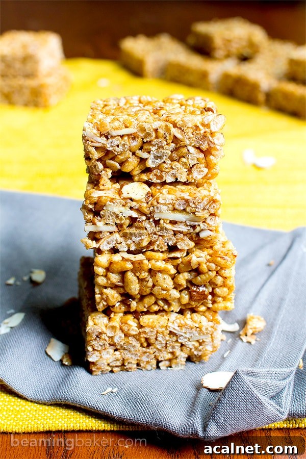 Toasted Coconut Almond Rice Crispy Treats — Vegan & Gluten-Free 7 Toasted Coconut Almond Rice Crispy Treats (V+GF): an easy, 5 ingredient recipe for sweetly satisfying, protein-packed toasted coconut rice crispy treats. #Vegan #GlutenFree #DairyFree | BeamingBaker.com