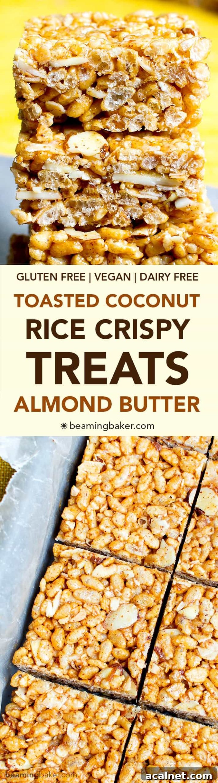 Toasted Coconut Almond Rice Crispy Treats — Vegan & Gluten-Free 8 Toasted Coconut Almond Rice Crispy Treats (V+GF): an easy, 5 ingredient recipe for sweetly satisfying, protein-packed toasted coconut rice crispy treats. #Vegan #GlutenFree #DairyFree | BeamingBaker.com