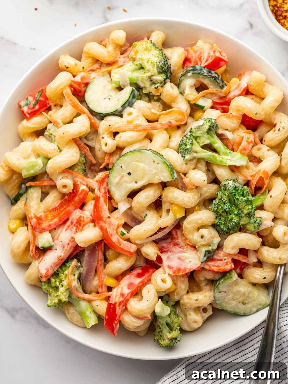 Closeup of a plate a creamy vegetable pasta.