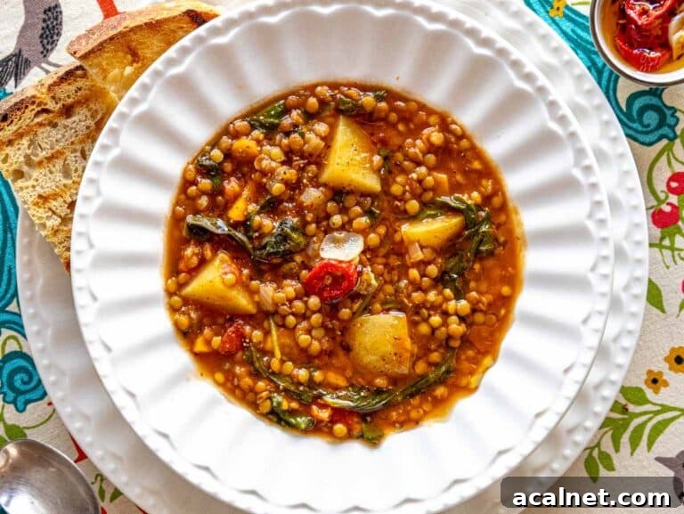 Comforting Lentil Soup with Vegetables and Herbs 15 lentil soup on a white soup plate