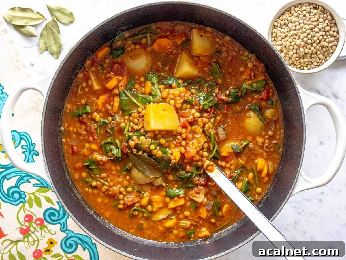 Comforting Lentil Soup with Vegetables and Herbs 9 lentil soup with leafy greens in a large pot