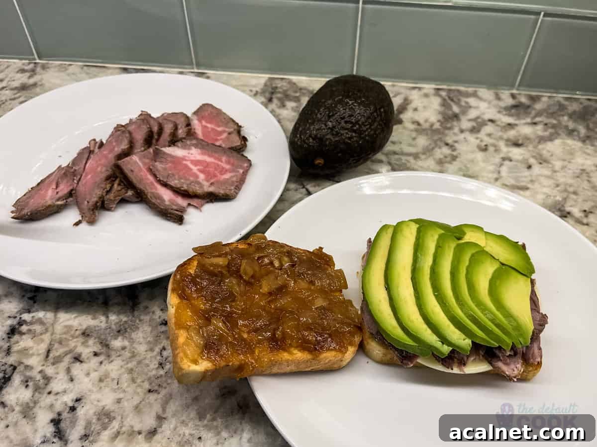 Ultimate Tri-Tip Sandwich Recipe: Juicy Steak Sandwich Guide 6 Sandwich ready to assemble on one plate with extra meat on another.