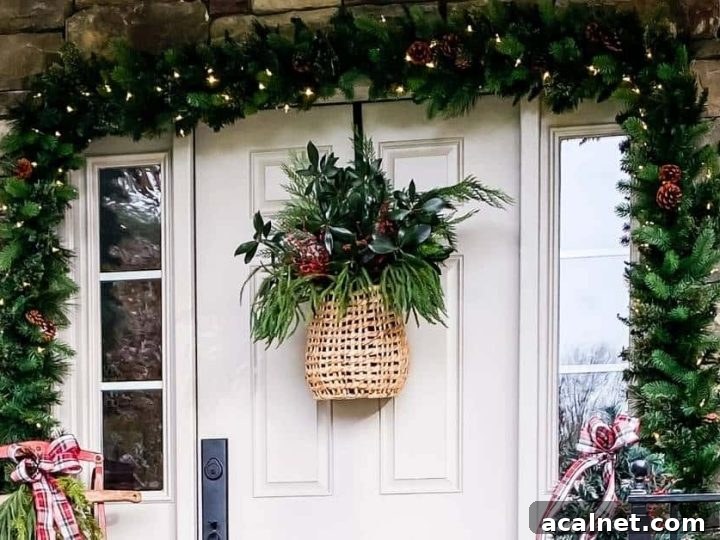 Cream front door on a stone house decorated for Christmas with garland and a basket of greenery.