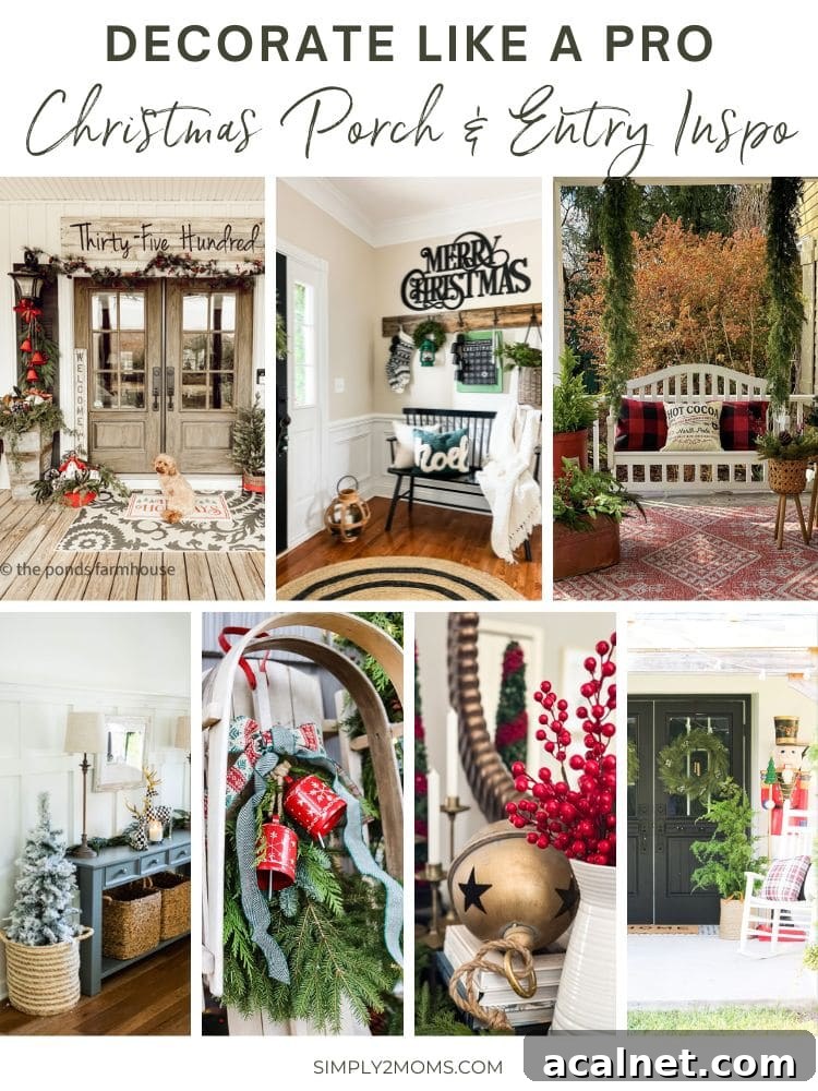 Collage of seven photos showing Christmas decorating ideas for the front porch and entryway.