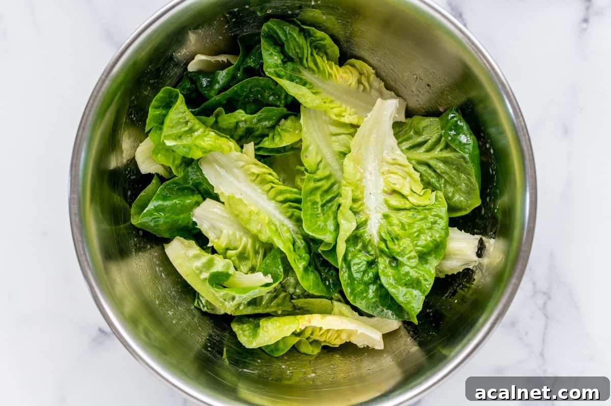 dressed little gem lettuce ready to transfer to serving bowl or platter