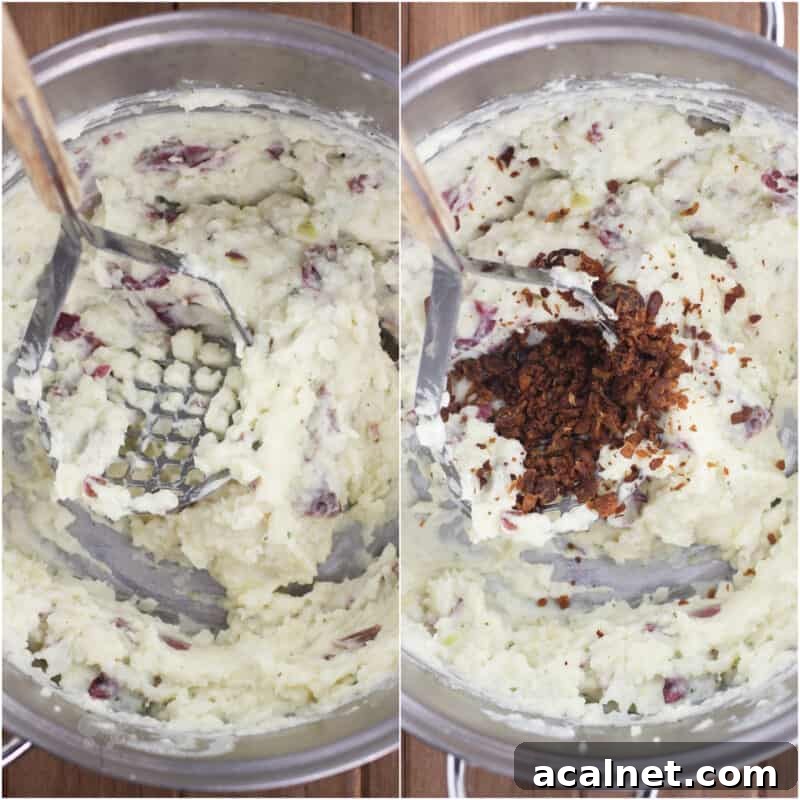 collage of 2 photos: left, ranch mashed potatoes in pot with masher; right, bacon added to potatoes