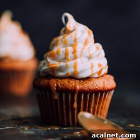 Pumpkin Cupcakes with Marshmallow Frosting and Caramel. This decadent fall cupcakes are lightly spiced and make a wonderful portable fall dessert.