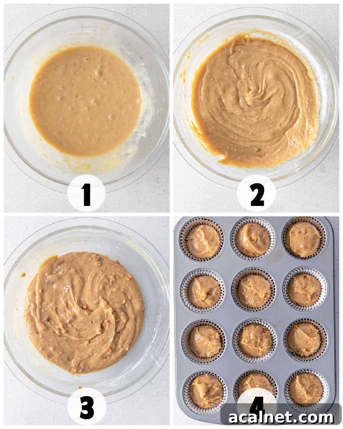 Four-step collage showing batter being mixed and spooned into paper-lined muffin tin cups, ready for baking.