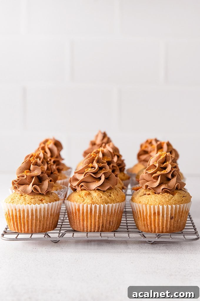 Eight peanut butter cupcakes with chocolate frosting are arranged on a cooling rack.