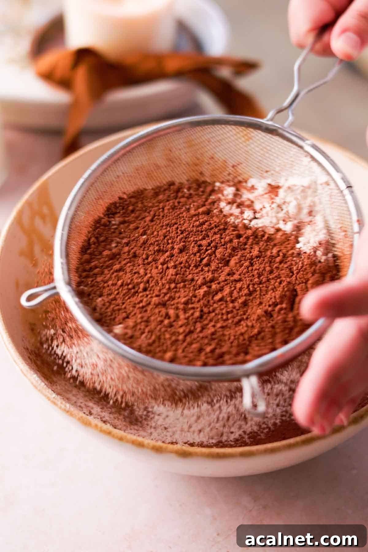 sift flour and cocoa powder into bowl of wet ingredients with wire sieve