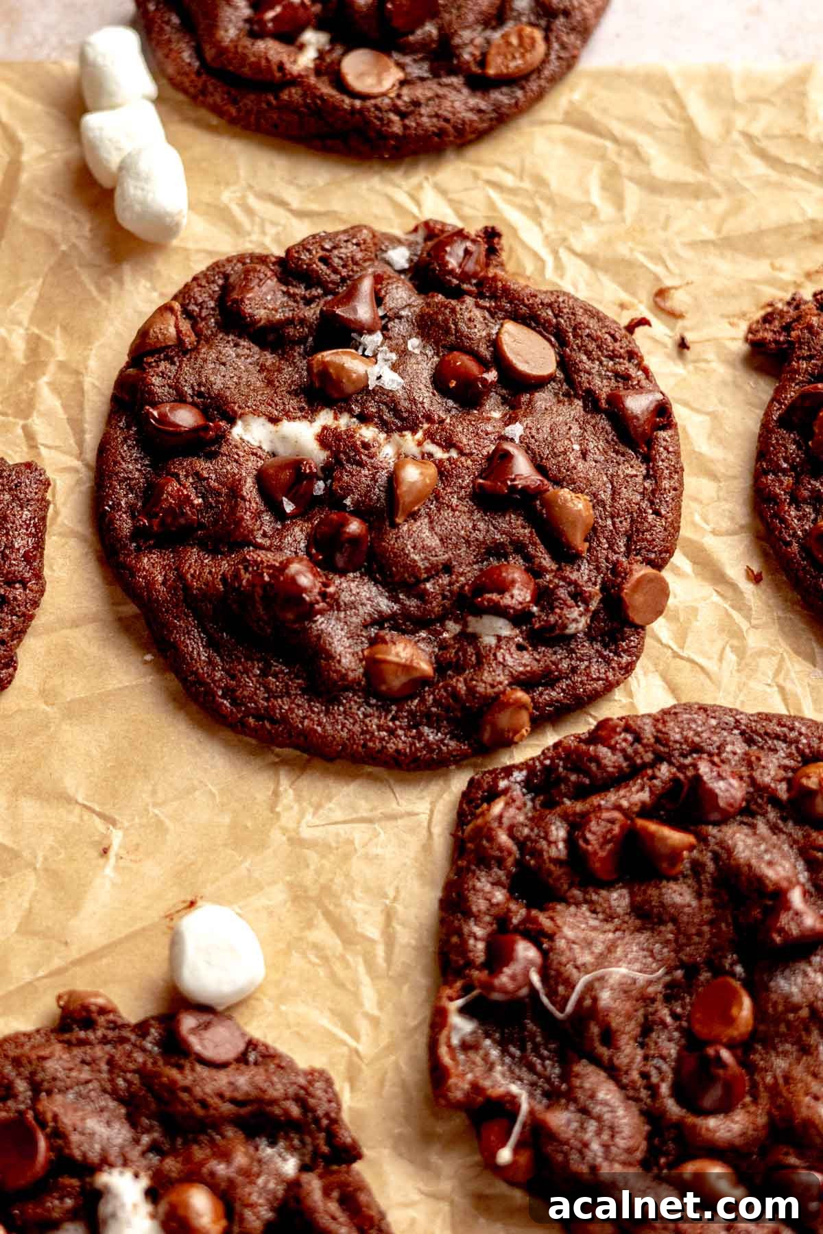 marshmallow chocolate cookie with mini marshmallows and chocolate chips on brown parchment paper