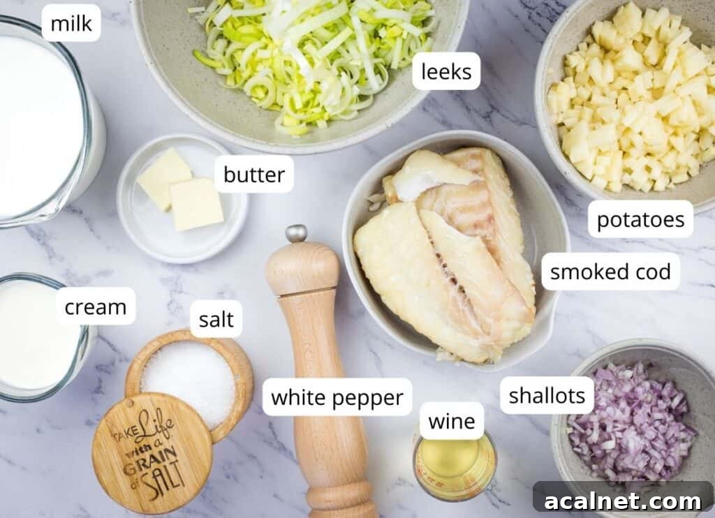 Labeled ingredients to make Cullen Skink soup.