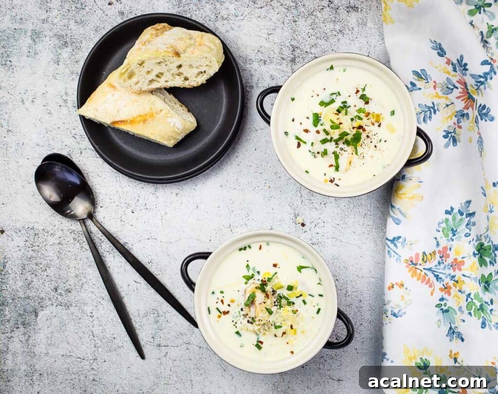 A top-down shot of 2 bowls of cullen skink.