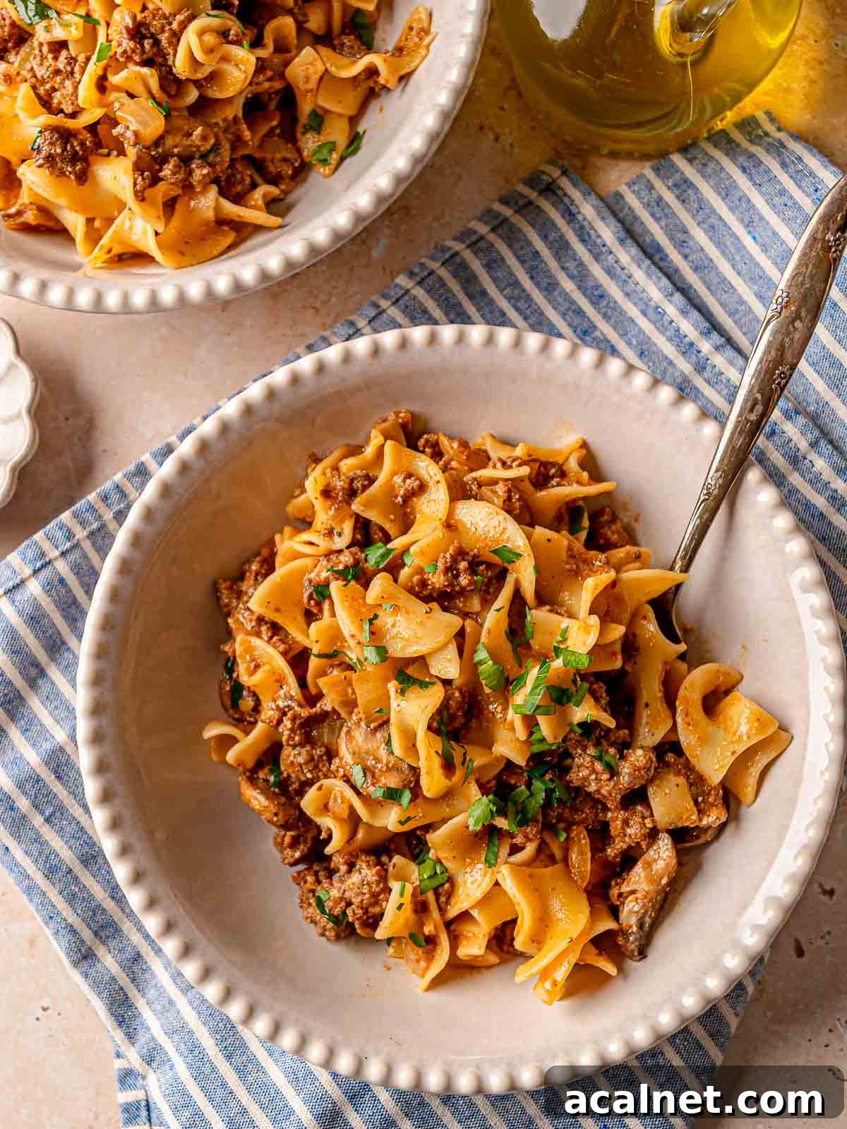 Two bowls of ground beef stroganoff with egg noodles, garnished with parsley and ready to serve.