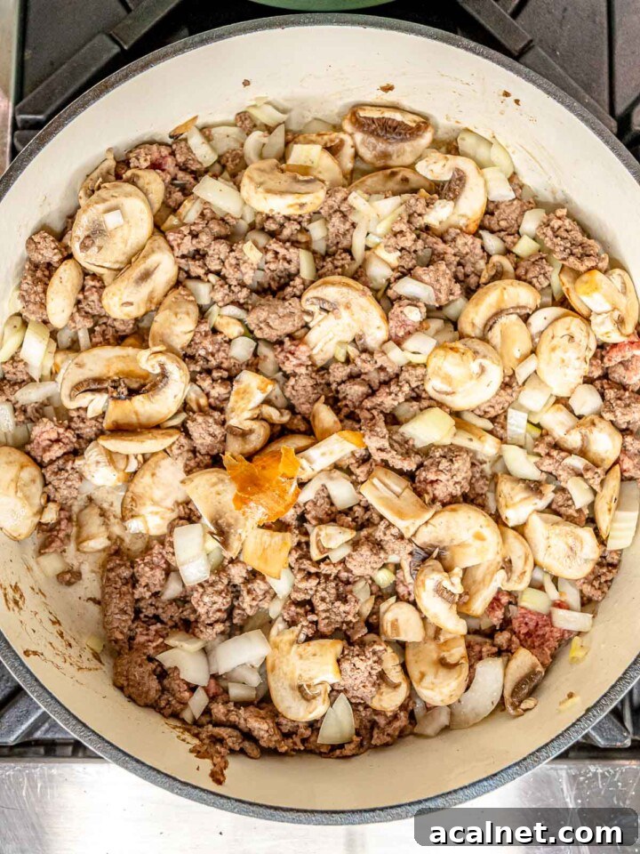Ground beef, shallot and mushroom in a pan.