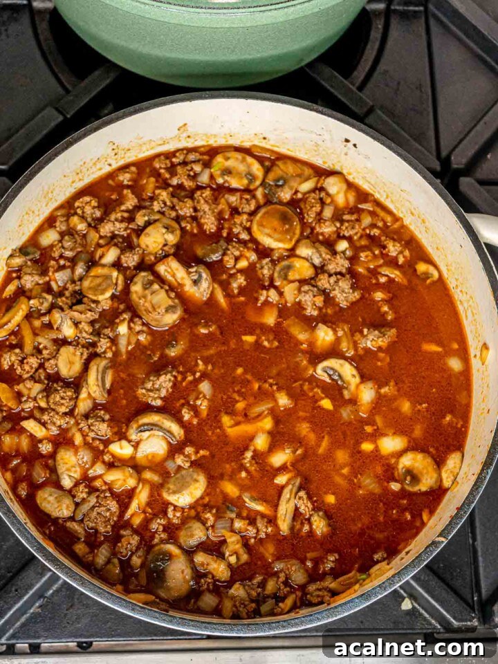 Beef broth added to the skillet to create the stroganoff sauce.