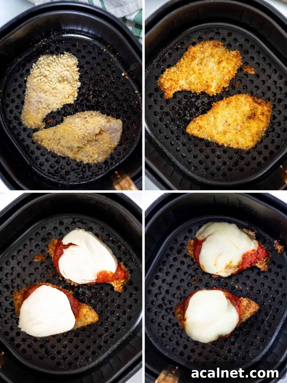 Chicken Parmesan Air Fryer Recipe Collage of step by step pictures showing air frying chicken parmesan.