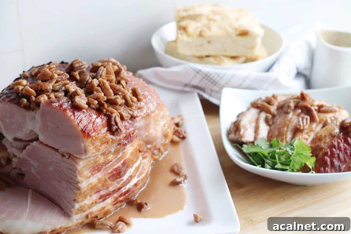 Maple-Glazed Holiday Ham Recipe with Simple Prep and Juicy Results 10 A sliced ham on a white plate with maple, bourbon, and pecan glaze drizzled over the top of it with slices off to the side.