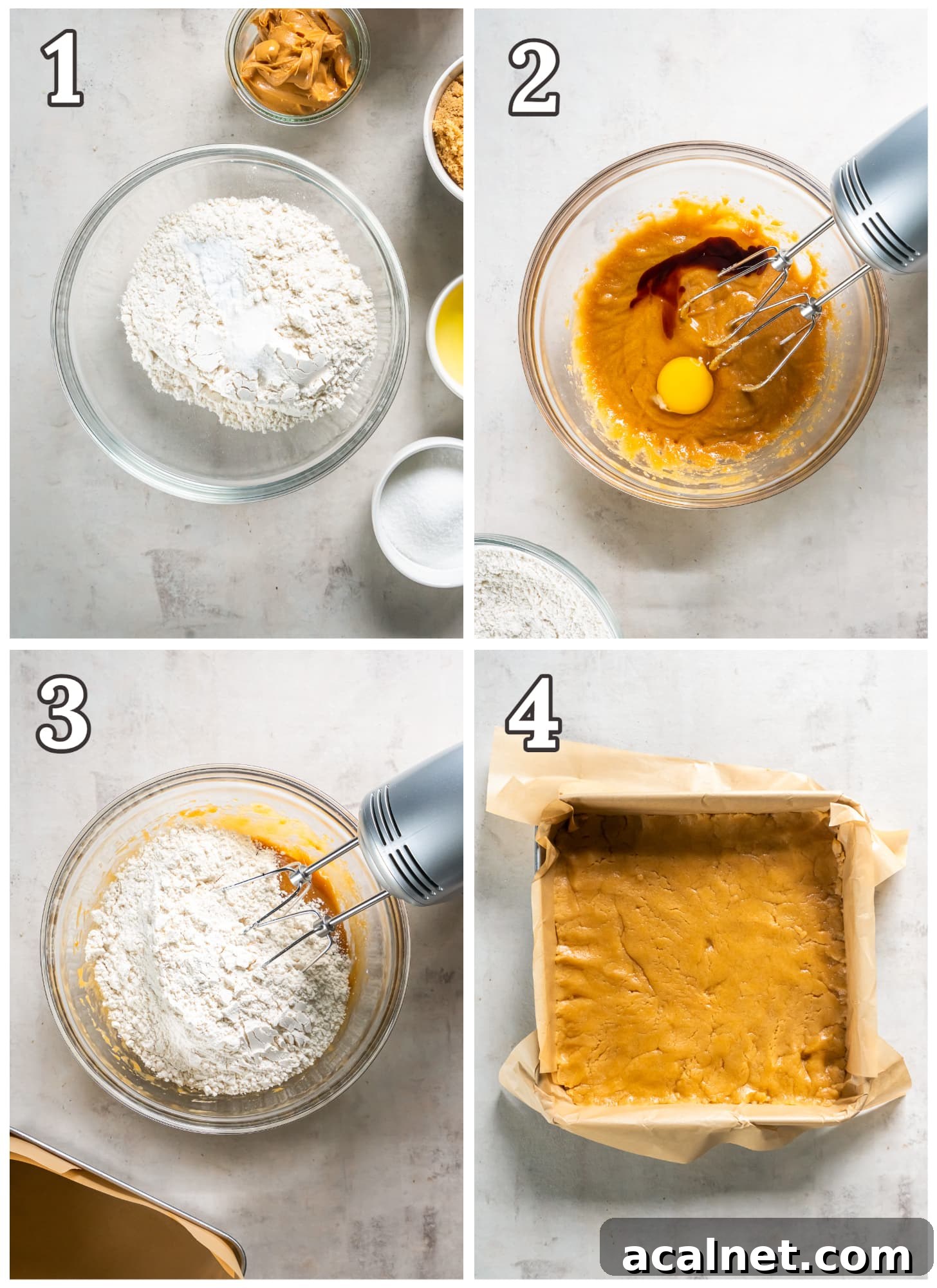 Chewy Peanut Butter Cookie Bar Recipe for Busy Bakers 4 photo collage demonstrating how to make peanut butter cookie bars in a mixing bowl and square pan.