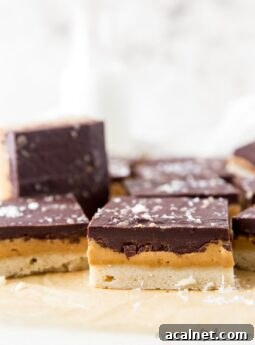 side of peanut butter chocolate bar showing layers of shortbread crust, peanut butter filling and chocolate topping