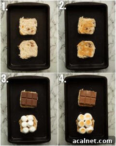 4 step by step photos showing how to make hot cross bun smores sandwich