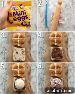 6 step by step photos showing how to make hot cross bun ice cream sandwich