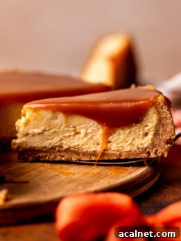 Slice of caramel cheesecake on the wood board.