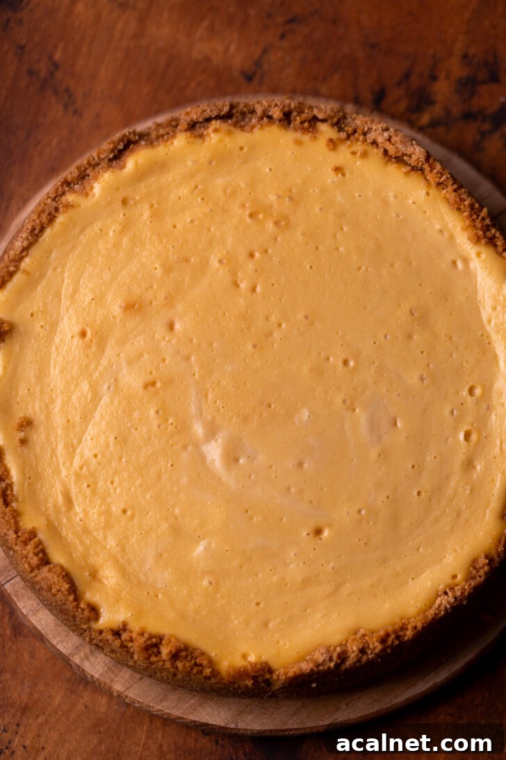 Baked cheesecake on a wood board.